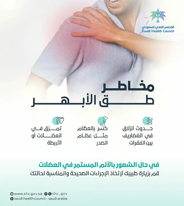 حذر الصحي السعودي: طقّ الأبهر قد يتسبب بمضاعفات خطيرة تصل إلى كسر العظام وتمزق العضلات حذر الصحي السعودي: طقّ الأبهر قد يتسبب بمضاعفات خطيرة تصل إلى كسر العظام وتمزق العضلات